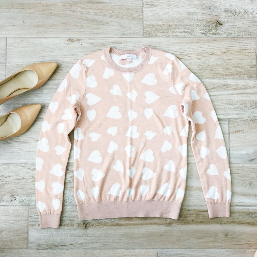 LOFT Pink and White Heart Sweater